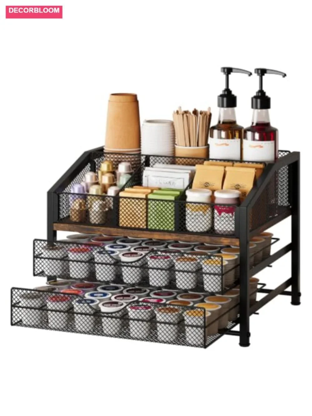 Wood and Metal Coffee Pod Holder Storage Basket Organizer Countertop